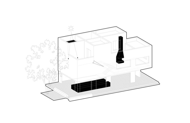 Axonometric cutaway drawing revealing interior spaces with furniture and a tree at the left edge
