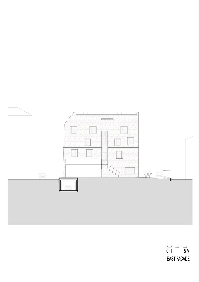 East facade elevation drawing showing rectangular window openings and an external stair with figures below