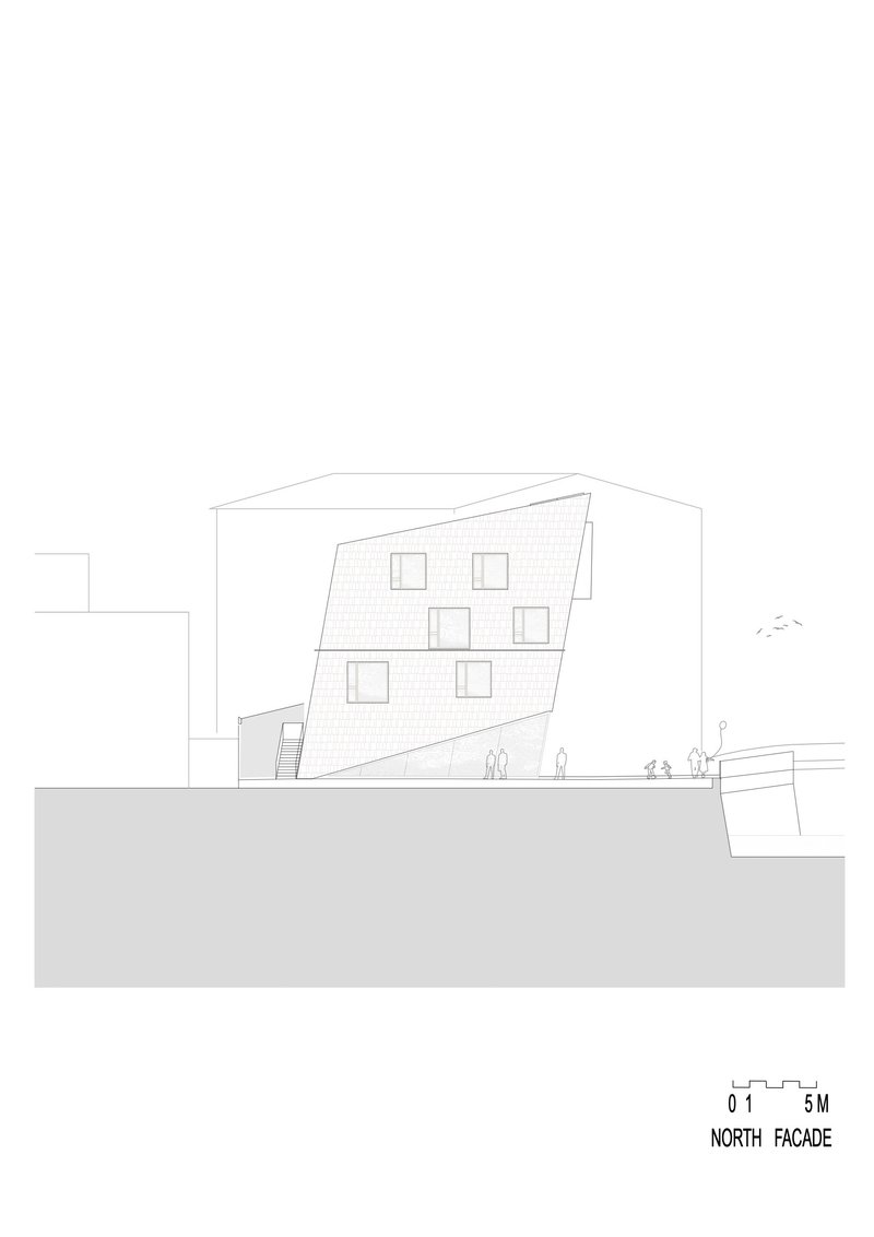 North facade elevation drawing depicting the angled wall plane with scattered windows and walking figures