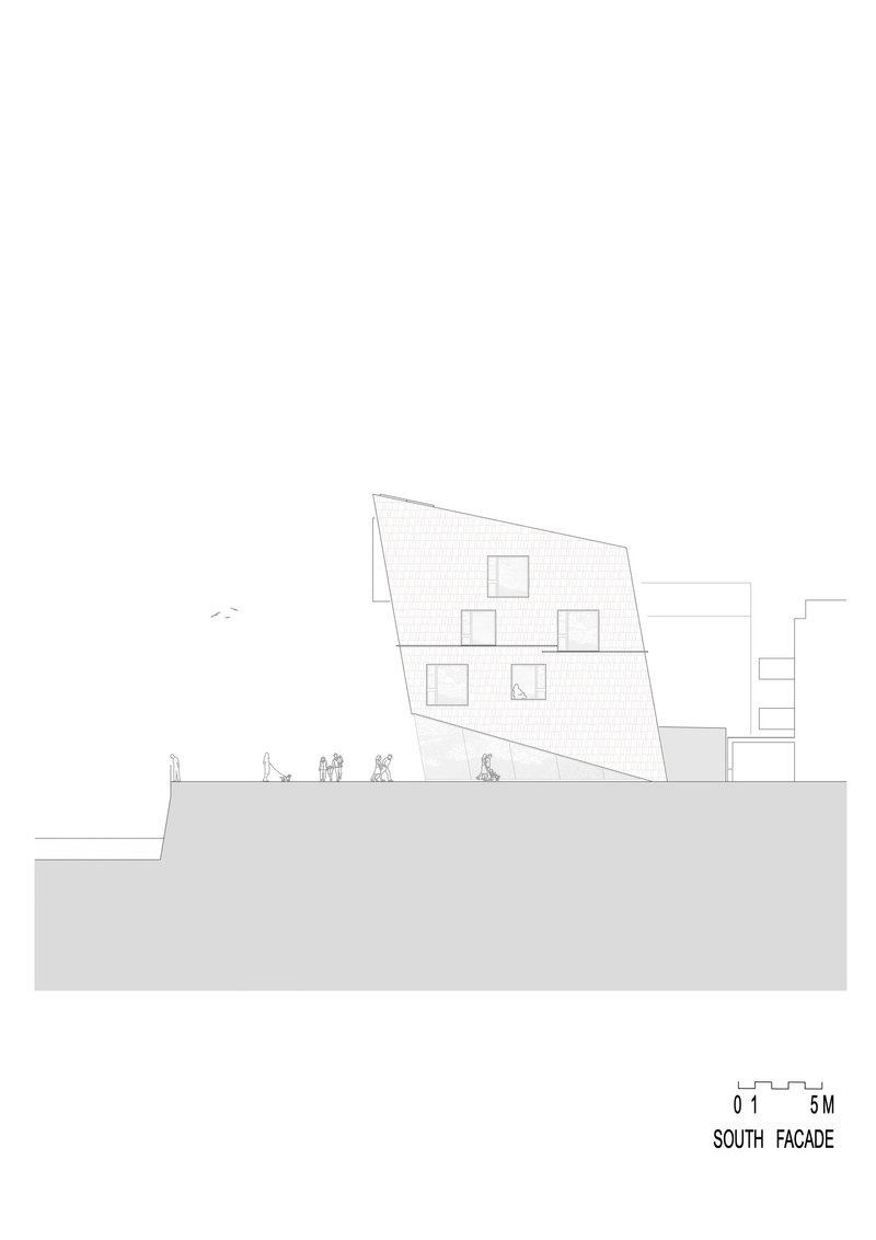 South facade elevation drawing showing the tilted wall surface with window openings and pedestrian figures