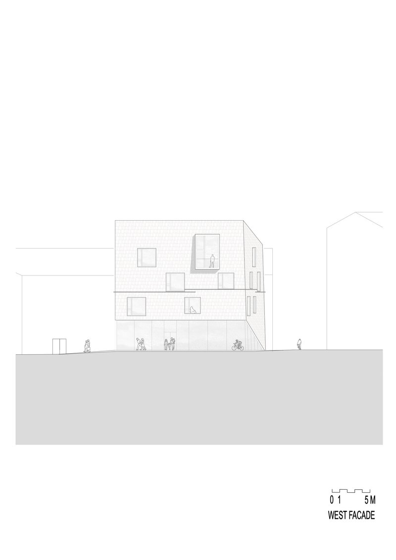 West facade elevation drawing showing a multi-story building with brick cladding and figures at street level