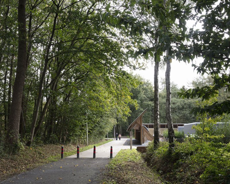 Distant view of timber portal structures glimpsed through mature trees along a wooded pathway