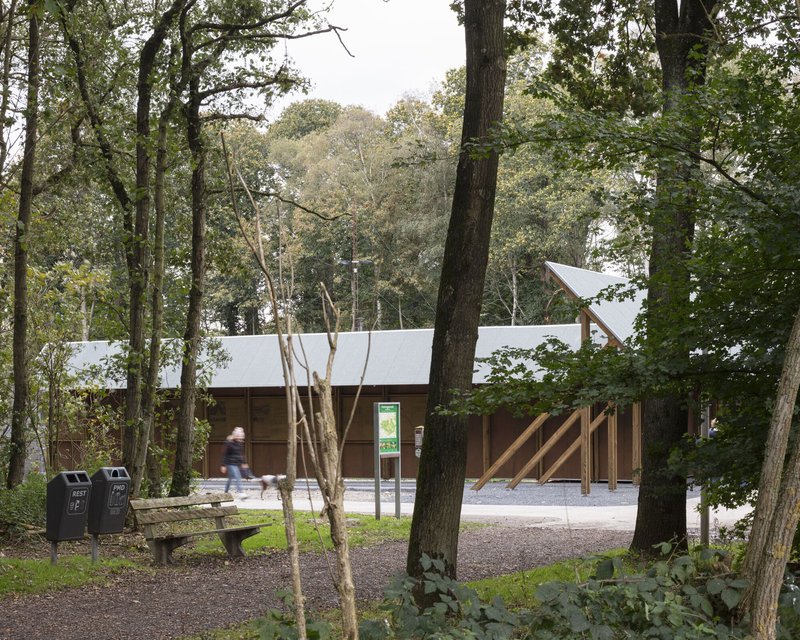 Timber pavilion with low-pitched metal roof set among mature trees with a walking figure