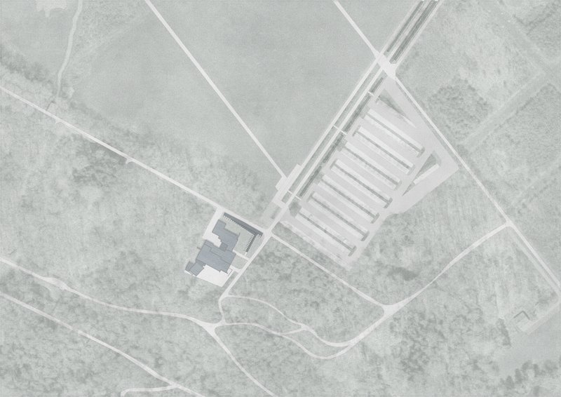 Site plan drawing showing the clustered volumes and adjacent linear structure within the landscape