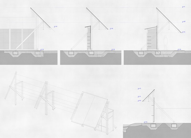 Section drawings illustrating the diagonal roof structure and timber column configurations