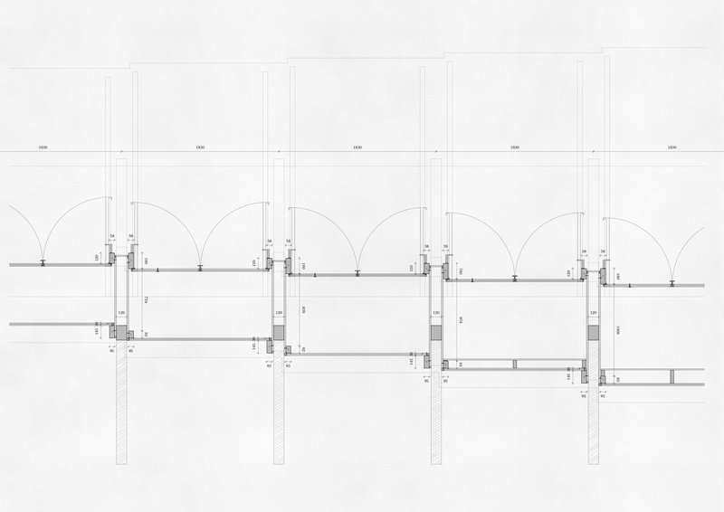 Detail drawing of the facade assembly showing glazing connections and arched openings