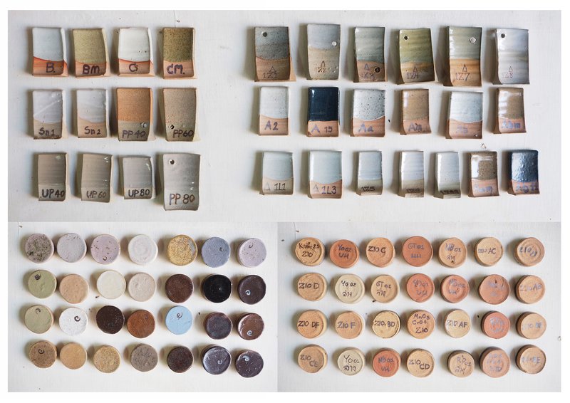 Grid of labeled ceramic test samples showing layered glazes and clay body formulations