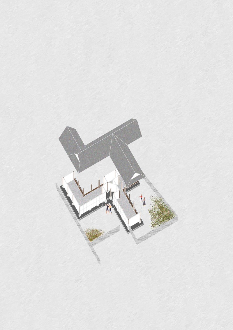 Axonometric drawing showing courtyard layout with tiled roofs and figures in the central space