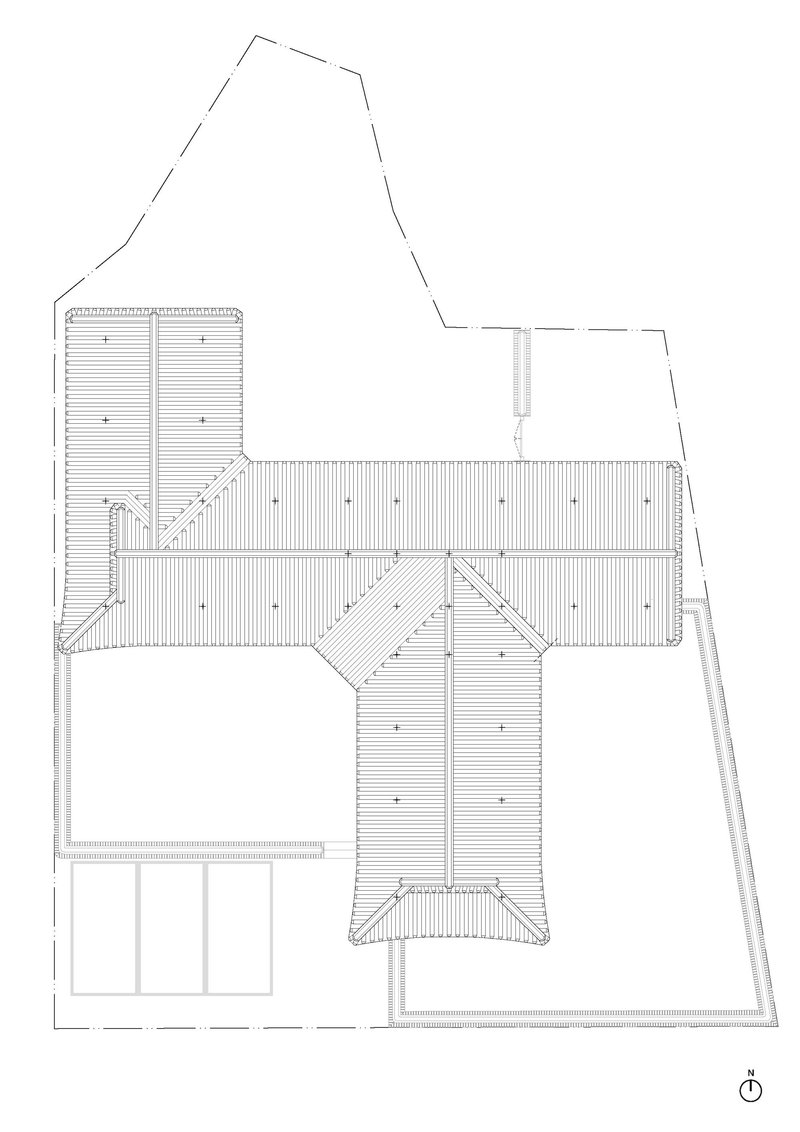 Roof plan drawing showing a cross-shaped building with striped roofing patterns and gabled projections at the center