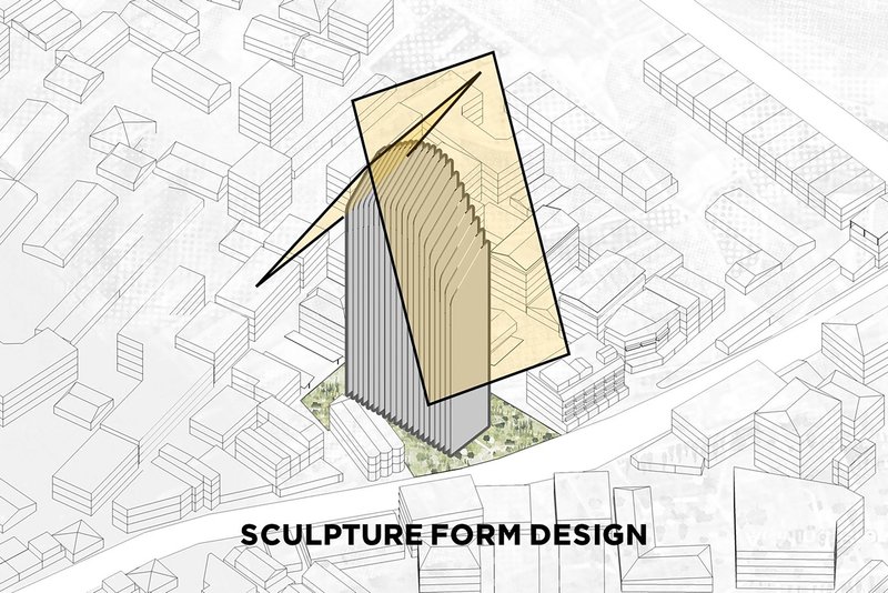 Axonometric drawing showing the tower with a curved sculptural crown element within the urban context