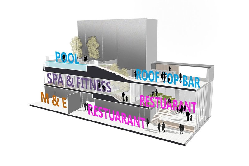 Section model drawing showing stacked program levels with figures and labeled amenity zones in color