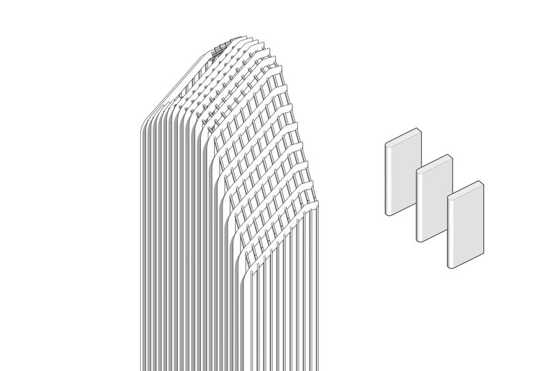 Axonometric drawing showing a tower with vertical ribbed facade and diagrid upper section with layered panels