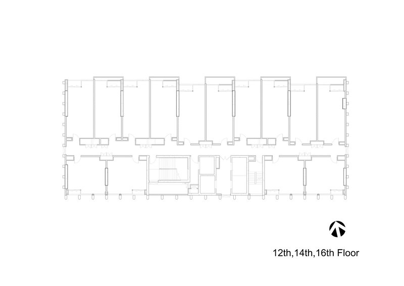 Typical floor plan drawing showing five rectangular units arranged along a central corridor with stairs