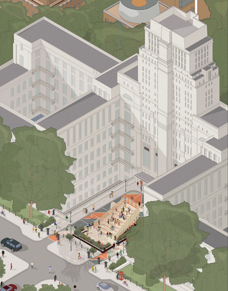 Axonometric drawing showing a stepped tower with courtyard wings and a public plaza with people