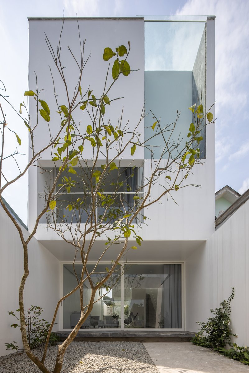 White facade with stacked balconies viewed past a young tree with sparse green leaves