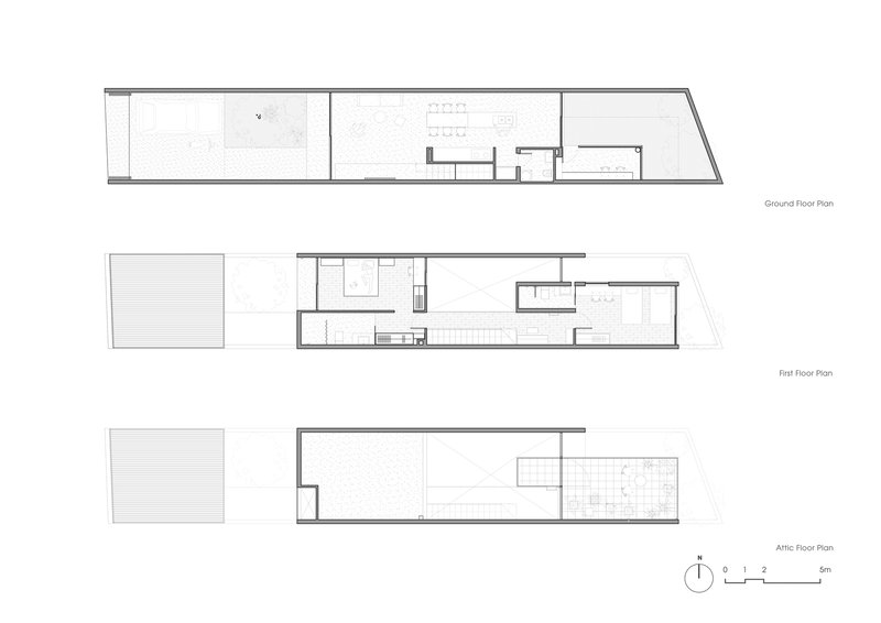 Floor plan drawings showing three levels of a narrow linear house with courtyard spaces