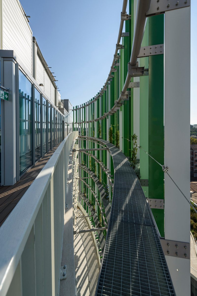 Exterior maintenance walkway with green vertical fins and climbing plants along the curved perimeter