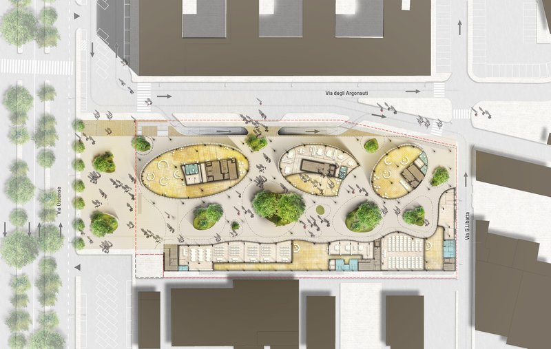 Site plan drawing showing three oval pavilions with yellow roofs surrounding circular green spaces and pedestrian pathways
