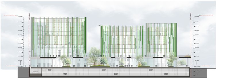 Elevation drawing showing three vertical glass towers with green striped facades above a horizontal base with trees
