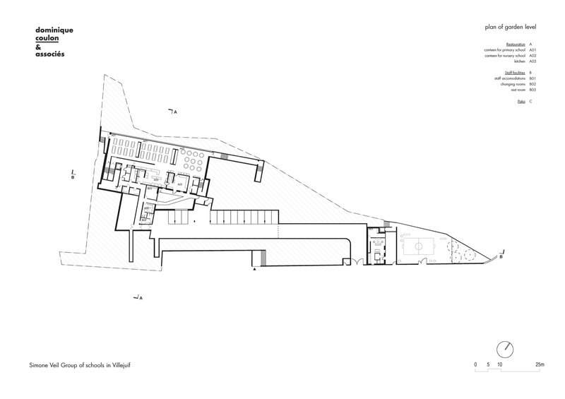 Garden level plan drawing showing classrooms along one edge and a large open courtyard with landscape