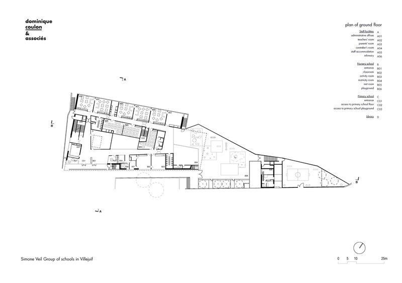Ground floor plan drawing showing classrooms and circulation spaces arranged within an irregular triangular site