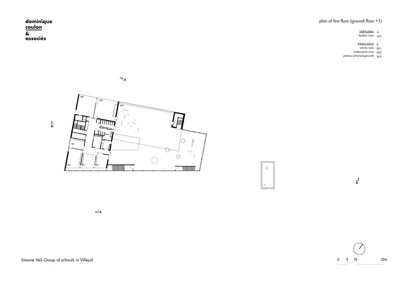 First floor plan drawing showing classrooms and open terrace area on an upper level