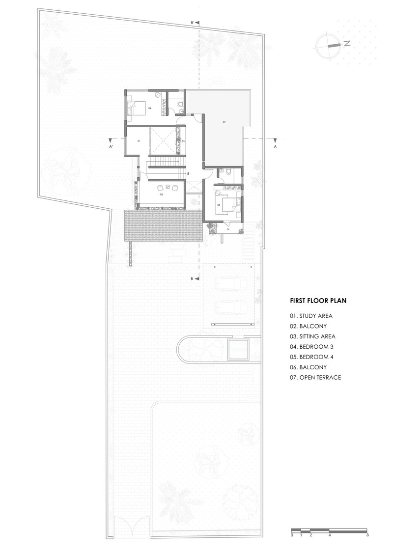 First floor plan showing study area, sitting room, bedrooms, and open terrace