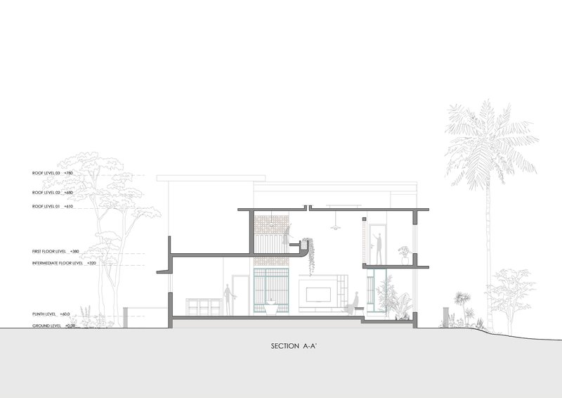 Building section drawing revealing interior spatial volumes, double-height spaces, and staircase with surrounding trees