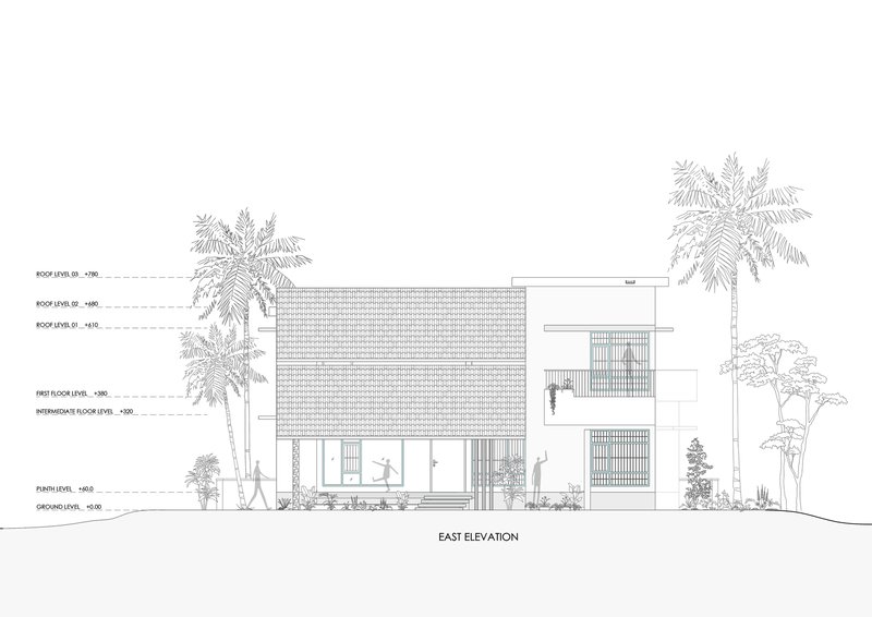 East elevation drawing showing textured facade, balconies, and palm trees framing the composition