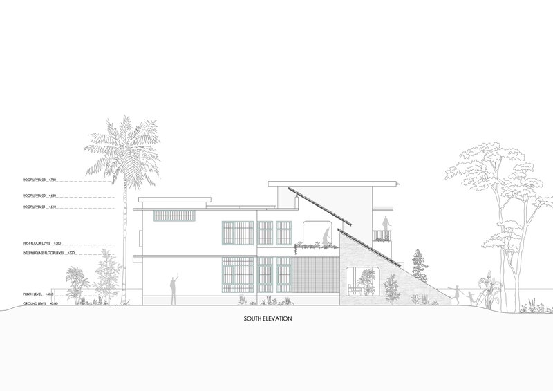 South elevation drawing depicting angled roofline, window patterns, and tropical vegetation around the structure