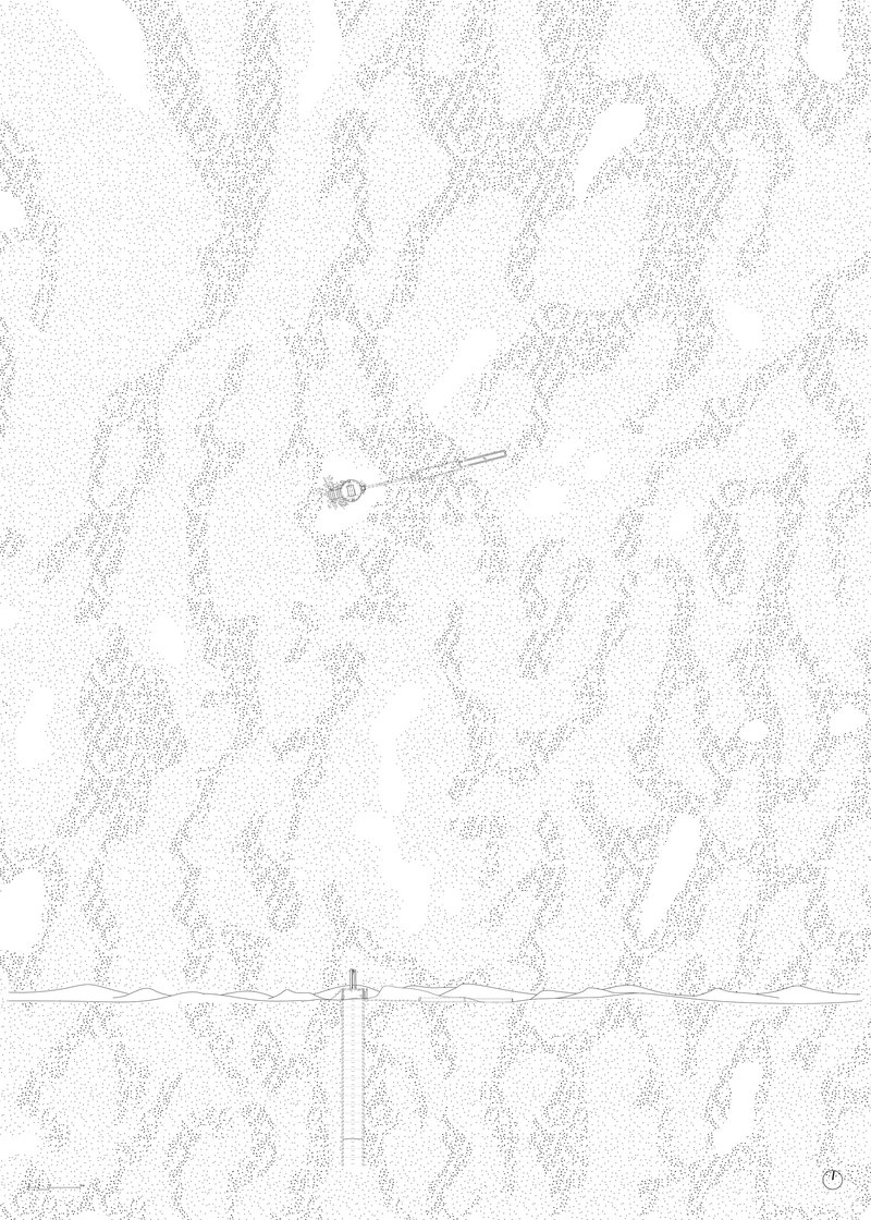 Aerial plan drawing showing a small structure and linear element within contoured terrain