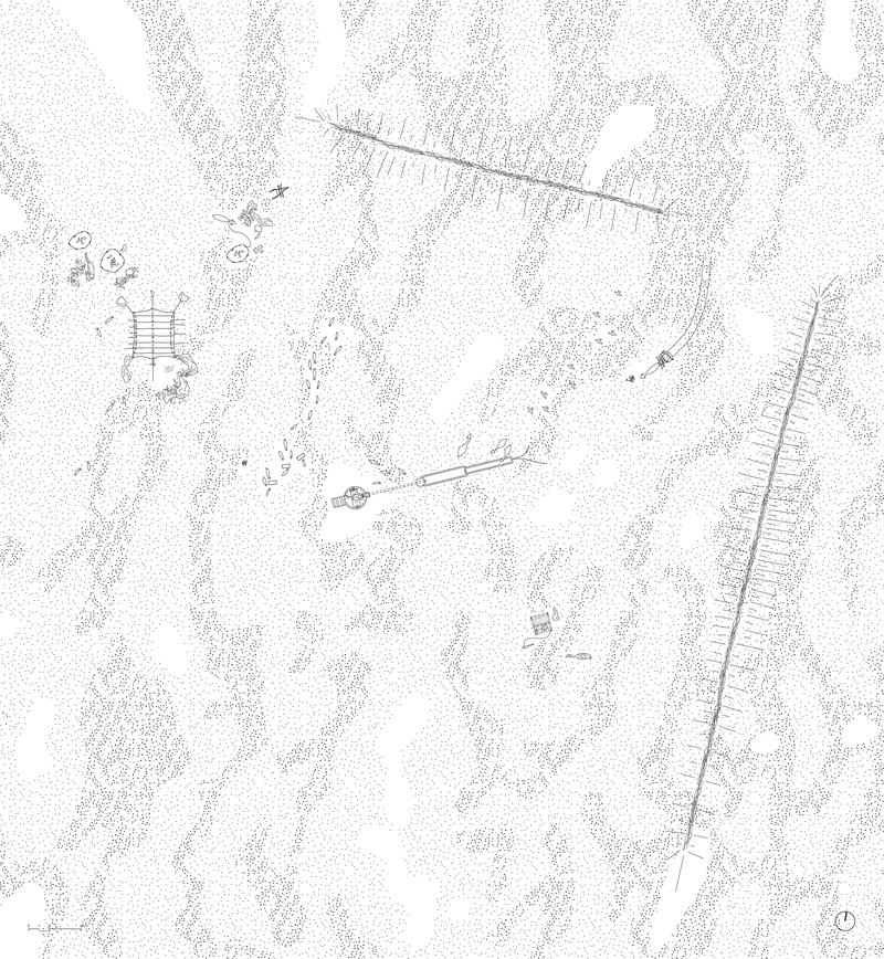 Site plan drawing depicting scattered structures and linear water channel through dotted topography