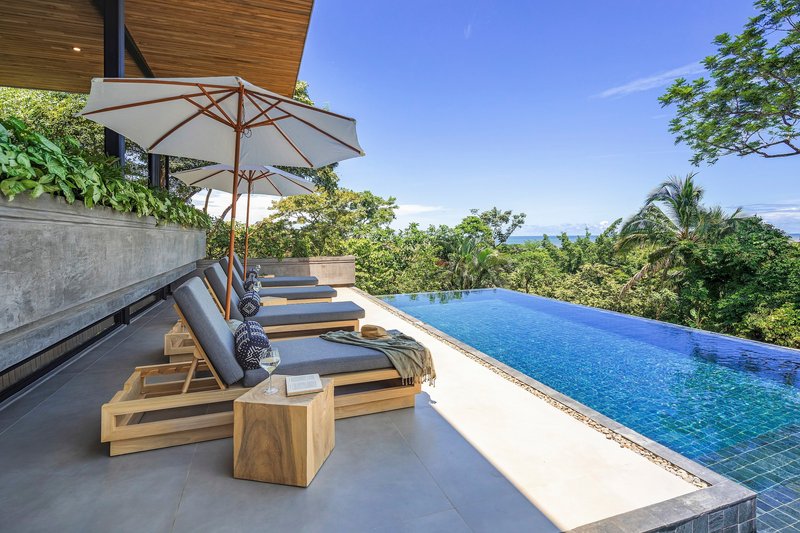 Infinity pool deck with timber loungers and white umbrella overlooking forested hills under blue sky