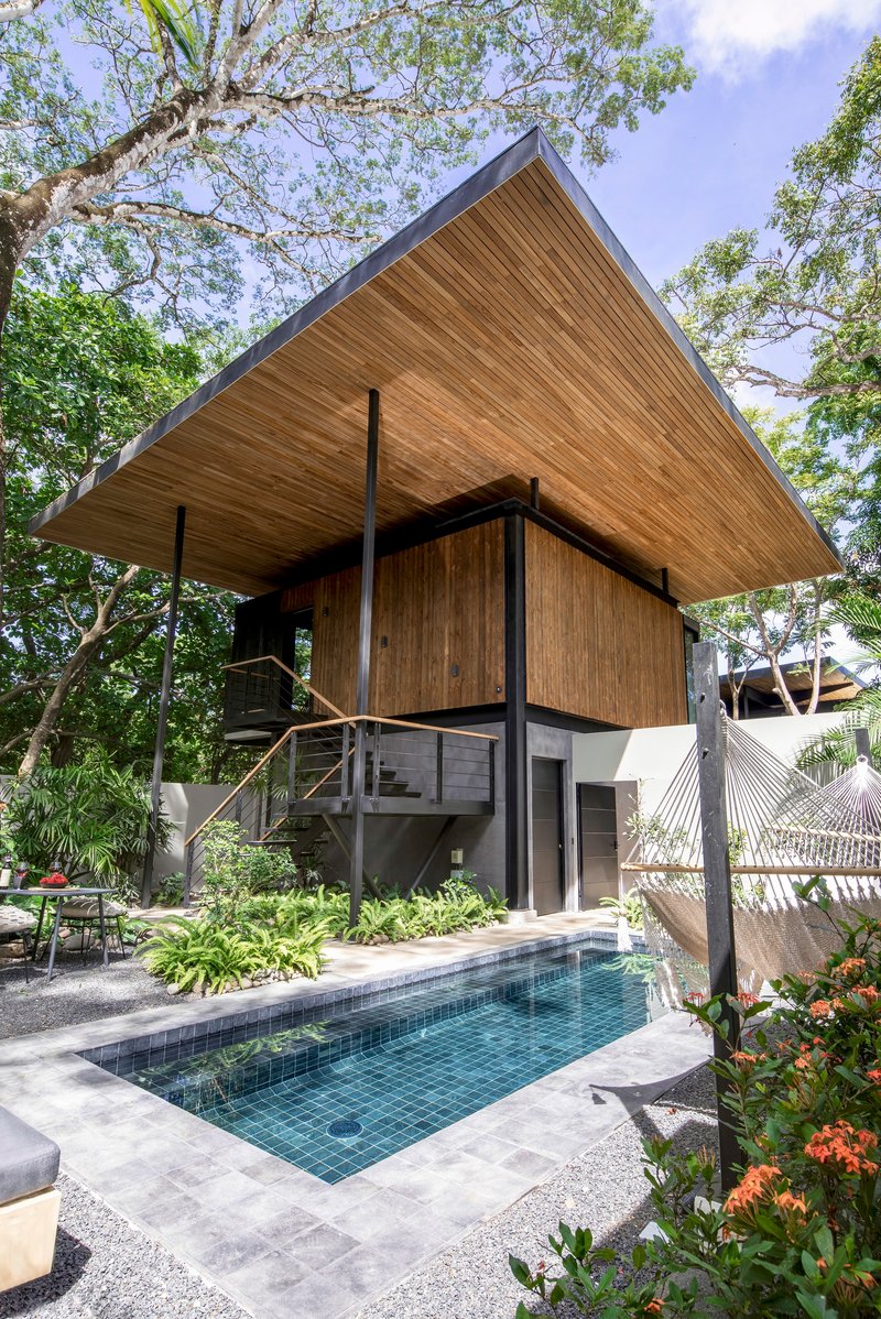 Poolside view of the cantilevered timber-clad volume with gabled soffit and steel columns