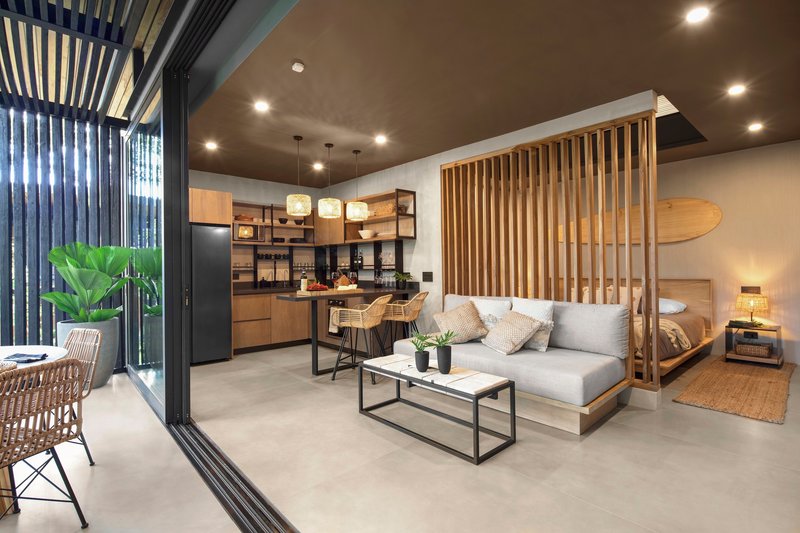 Open-plan living space with vertical timber screen dividing lounge from kitchen and bedroom