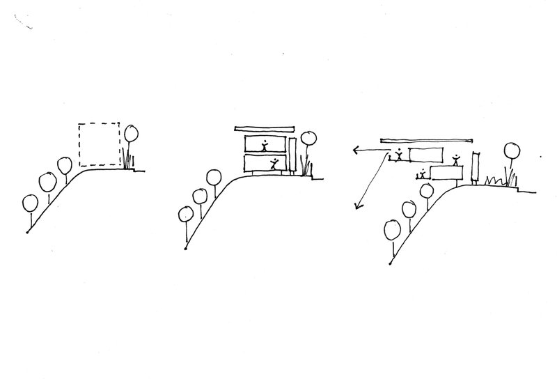 Sketch elevations depicting three variations of the building nestled into a sloped landscape