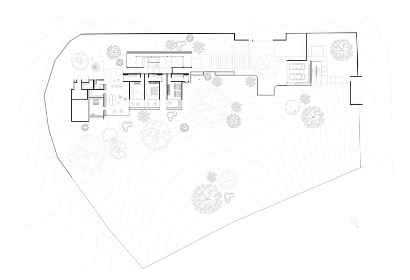 Site plan drawing showing clustered pavilions on an irregular lot with scattered tree canopies