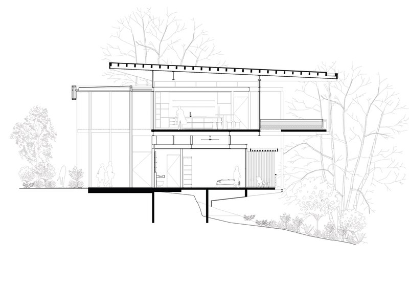 Section drawing showing a two-story residence with sloped roof and piloti foundation on a hillside site with trees