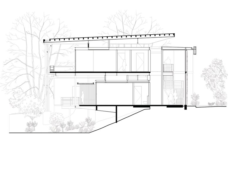 Section drawing showing the opposite elevation with cantilevered volumes and vertical circulation connecting split levels