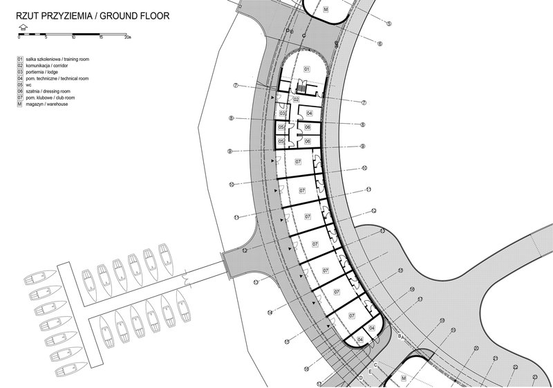 Ground floor plan drawing showing the linear arrangement of rooms along the curved waterfront structure