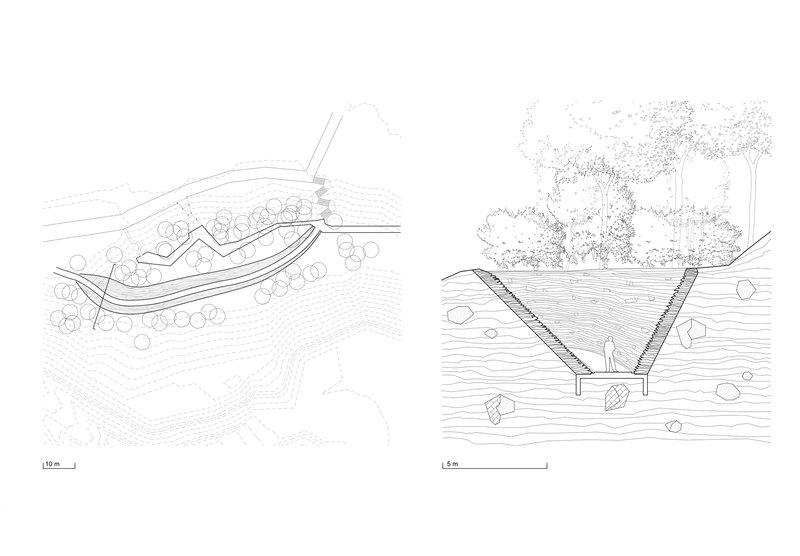 Section drawings showing a suspended footbridge over water and a curved pedestrian path with landscaping