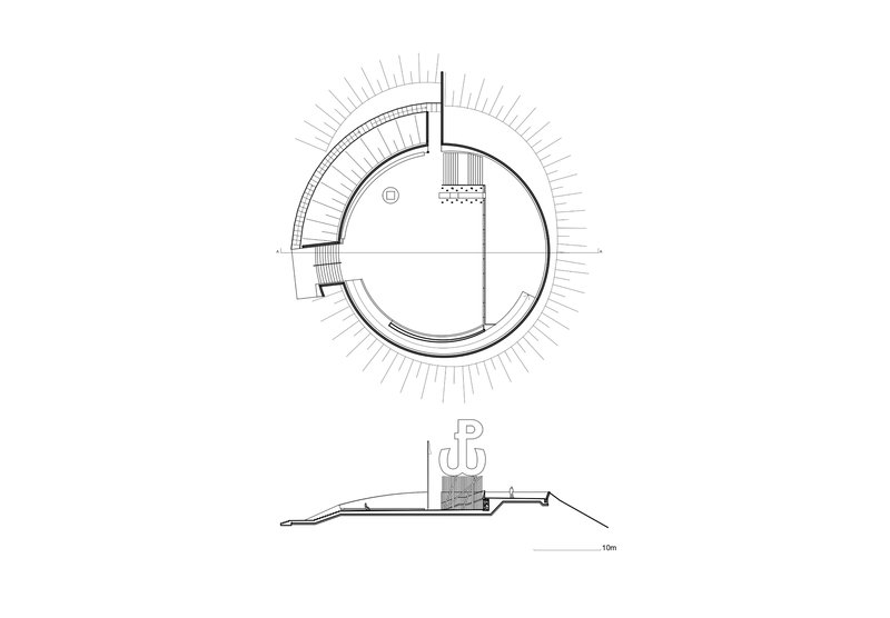 Plan and elevation drawings of a circular structure with radiating elements and a central sculptural form