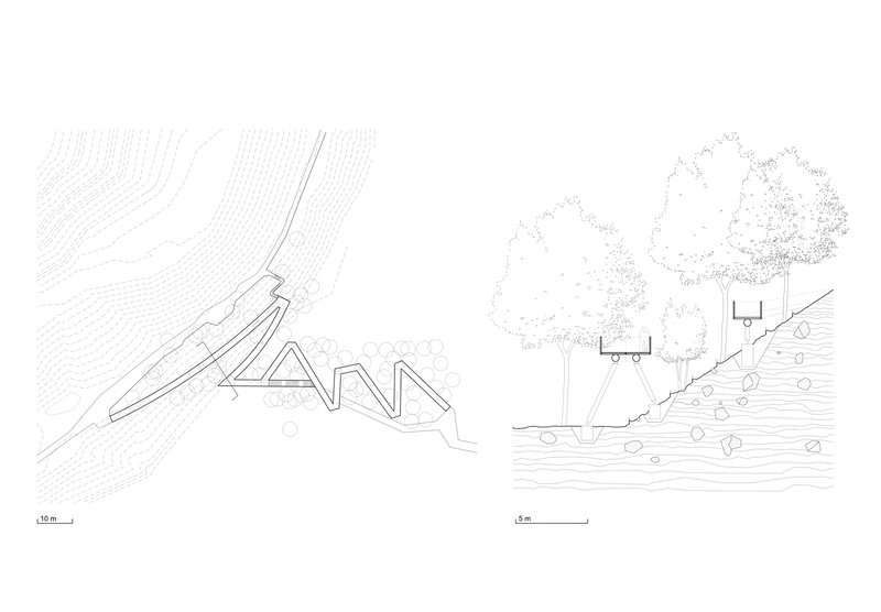 Section drawings depicting a zigzag pedestrian ramp and elevated viewing platforms among trees