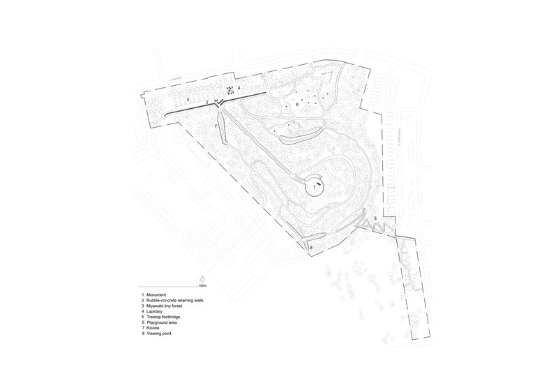 Site plan drawing showing a triangular sloped terrain with contour lines and pathway network