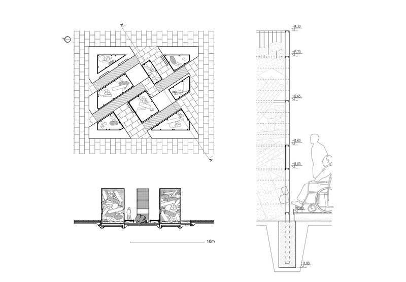 Technical drawing set including plan view of retaining wall pattern and section detail with seated figure