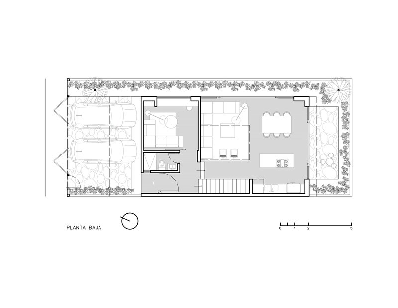 Ground floor plan showing living and dining spaces flanked by a planted courtyard and a garden terrace
