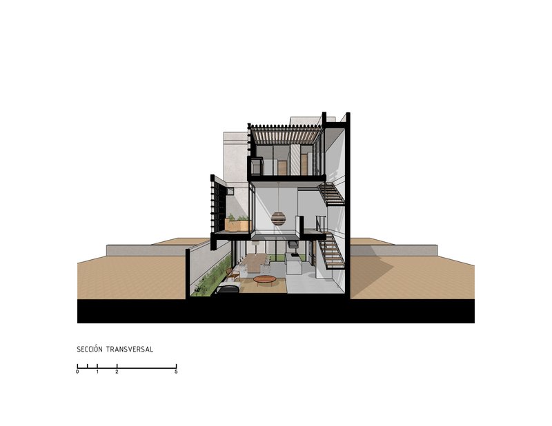 Transverse section revealing three stacked floors with exposed steel beams and a rooftop pergola structure