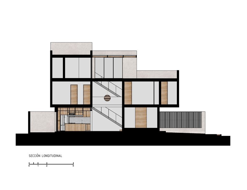 Longitudinal section illustrating the staggered floor plates and the vertical circulation connecting all levels