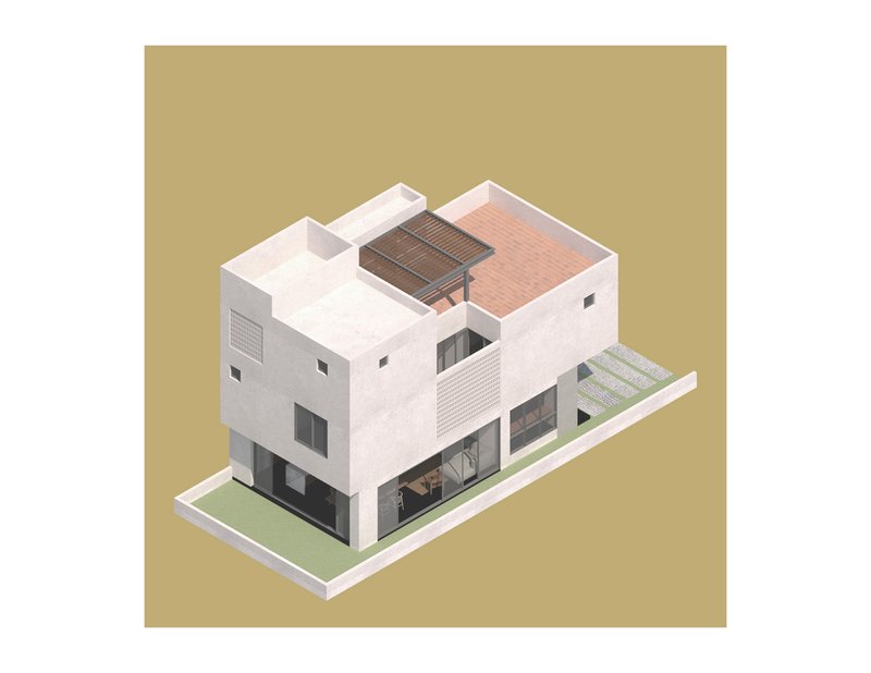 Axonometric drawing of the multi-level residence with white walls and a slatted rooftop screen