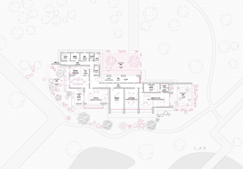 Floor plan drawing with room layouts, labeled spaces, and landscaping elements including trees and pathways